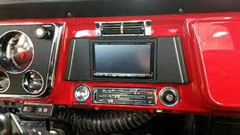 72 Chevy Pickup. Built full custom door panels and dash piece to hold Kenwood double din multimedia receiver. Custom built enclosure for Rockford slim mount subs under bench seat. Also installed Viper security, alarm system with actuators, back-up camera, Rockford amp and component speaker system. Used sound damping on doors and floor.