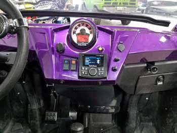 RZR 800. Installed Rockford Fosgate amps, Rockford woofer in an SSV Works under dash sub enclosure, 2 pair of 5.25" coax speakers in roof. All controlled by a Rockford marine digital media receiver with 2.7" full color display.