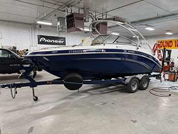 Getting ready for boating season! Installed 4 pair Rockford M2-65 speakers (1 pair of which we cut in and made spacers wrapped in vinyl). Also cut in two 10 infinite baffle speakers. Running the system with a PMX-5CAN and a Rockford amp.