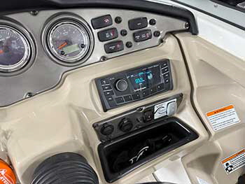 Getting ready for boating season! Installed 4 pair Rockford M2-65 speakers (1 pair of which we cut in and made spacers wrapped in vinyl). Also cut in two 10 infinite baffle speakers. Running the system with a PMX-5CAN and a Rockford amp.