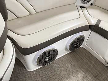Getting ready for boating season! Installed 4 pair Rockford M2-65 speakers (1 pair of which we cut in and made spacers wrapped in vinyl). Also cut in two 10 infinite baffle speakers. Running the system with a PMX-5CAN and a Rockford amp.