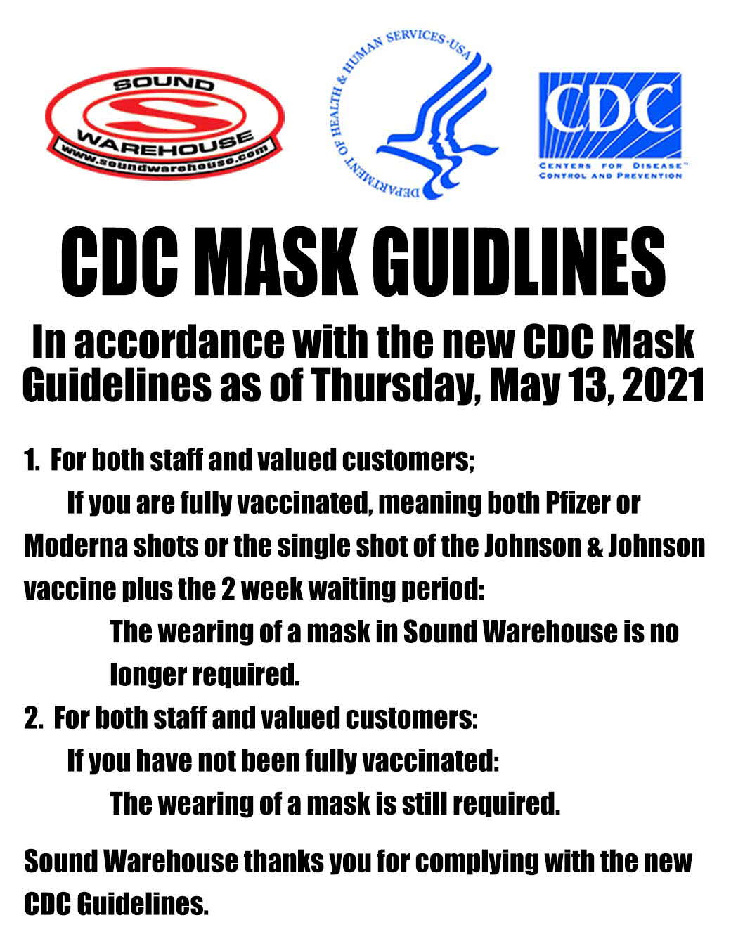 CDC Guidelines at Sound Warehouse