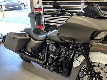 2019 Harley Road Glide in for a full Rockford Fosgate upgrade. We installed amp & kit, front speakers and cut in bag lid kit.